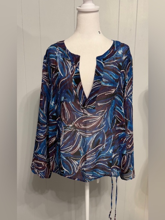 Chico's Tops - #14)  Chico's Blue and White Abstract V-Notch Tunic ( sheer)